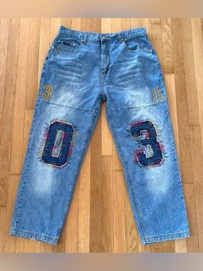 Vintage Source Baggy Jeans Mens 42 Blue Denim Embroidered Patch Y2K Skate Cyber